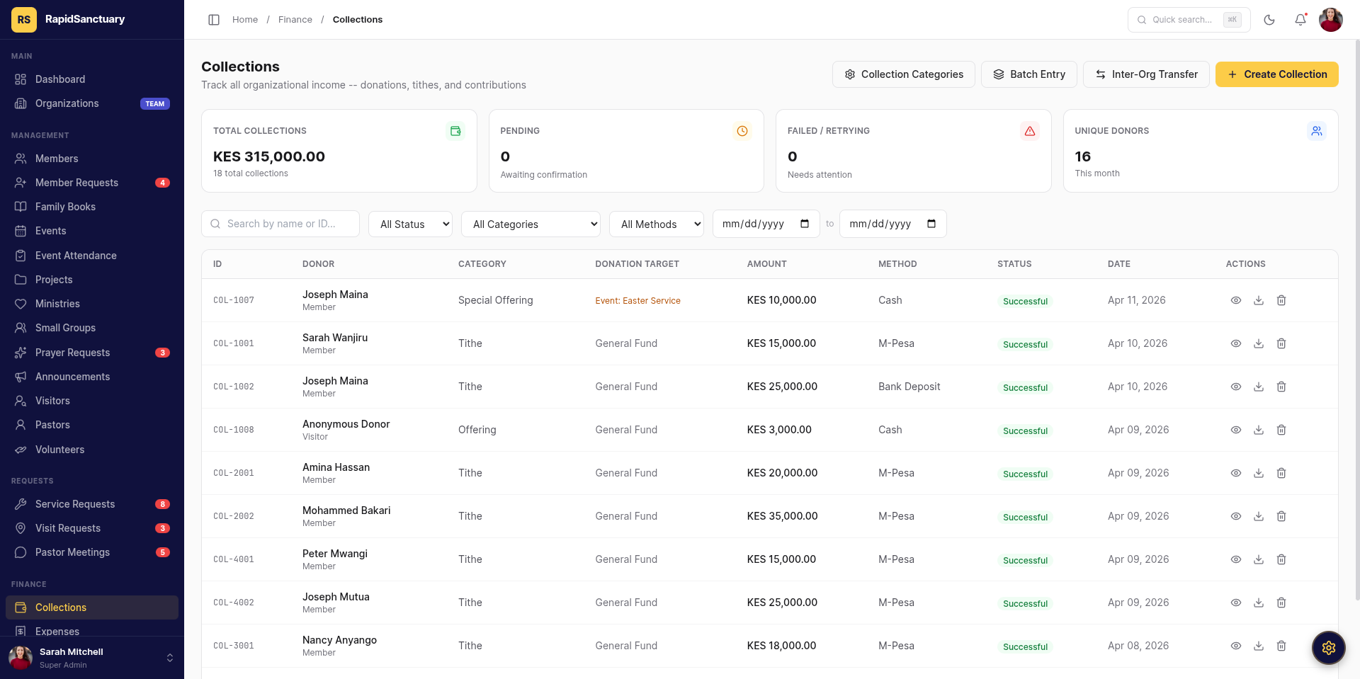 Finance — Collections, expenses, reporting