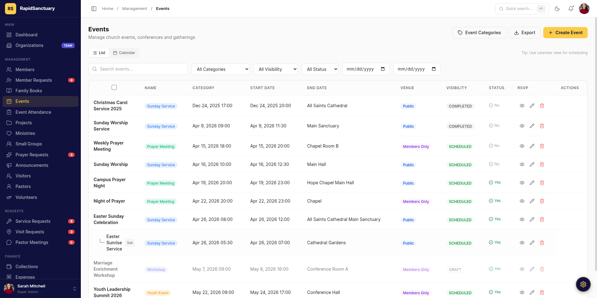 Event Management — Calendar, RSVP, attendance